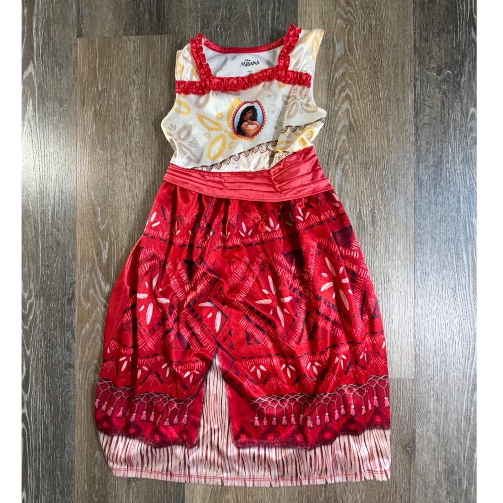 Disney Moana Nightgown Kids 5T Red White Character Print Ruffle Trim Dress Up